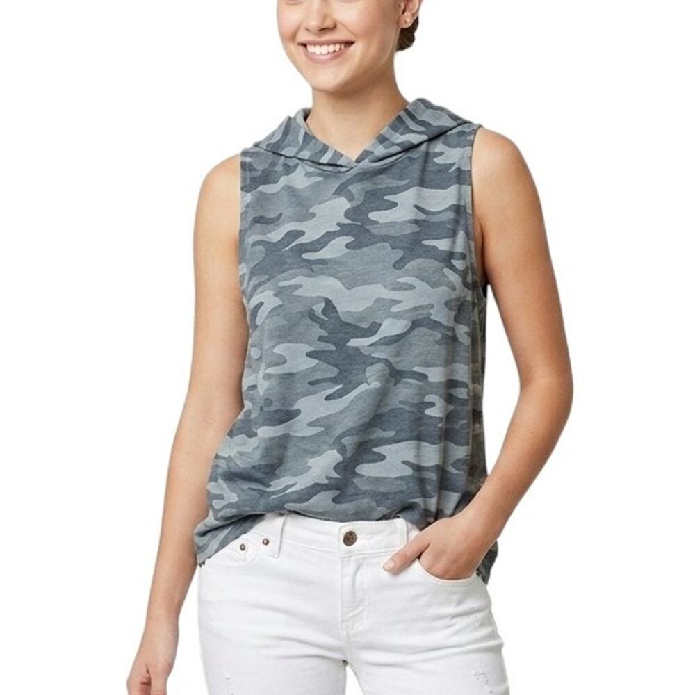 Ink Love & Peace Sleeveless Hoodie Gray Camo Pullover Women Size S NWT